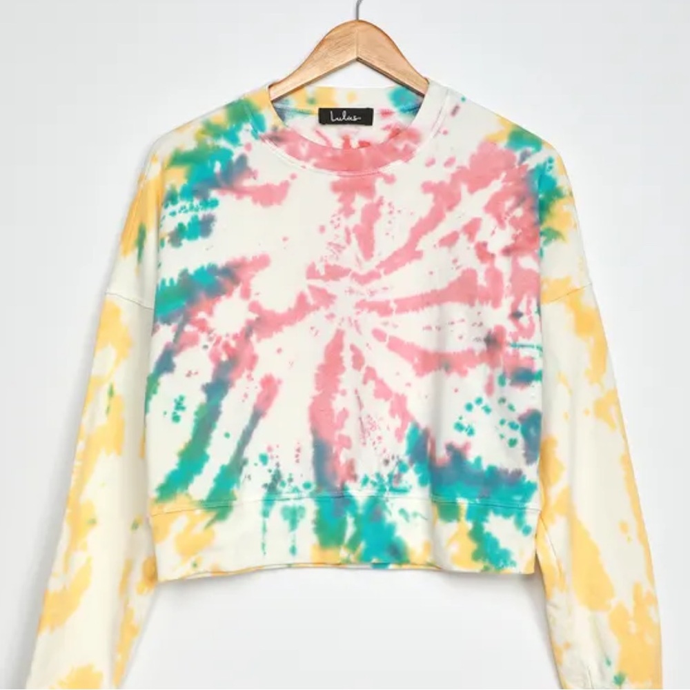 Lulu's Sherbet Swirl White Multi Tie-Dye Cropped Sweatshirt